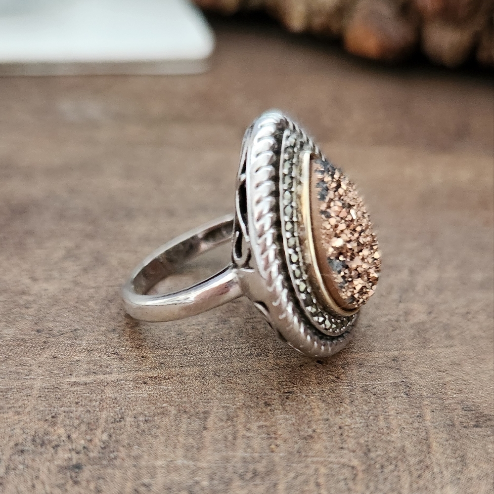 Gold and Sterling Silver Druzy Teardrop Ring Size 6 - Picture 2 of 4